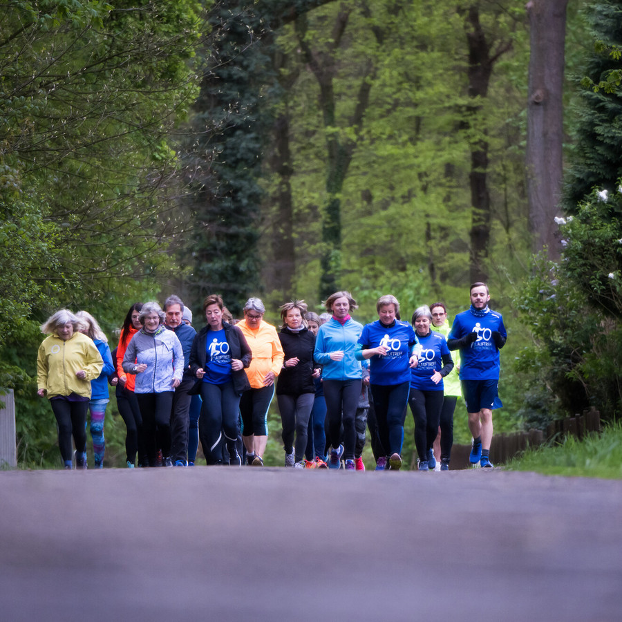 Eine Laufgruppe joggt gemeinsam durch den Wald.