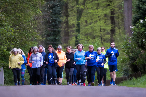 Eine Laufgruppe joggt gemeinsam durch den Wald.